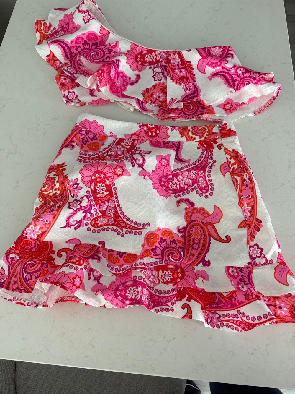 Pink & Orange Paisley Ruffle Mini Skirt Set